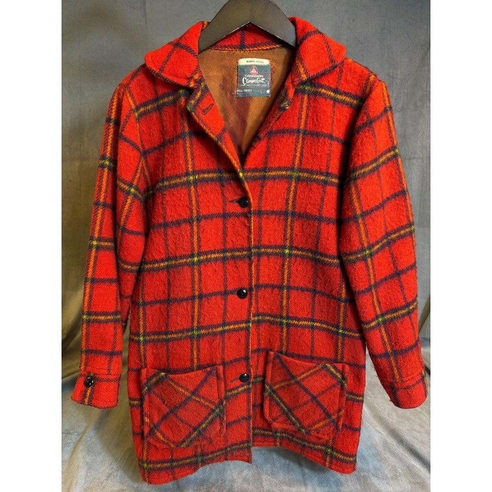 VTG CANADIAN CAMPER Coat Bell Shirt Red Plaid Tartan Wool Mohair Womens‎ M/L